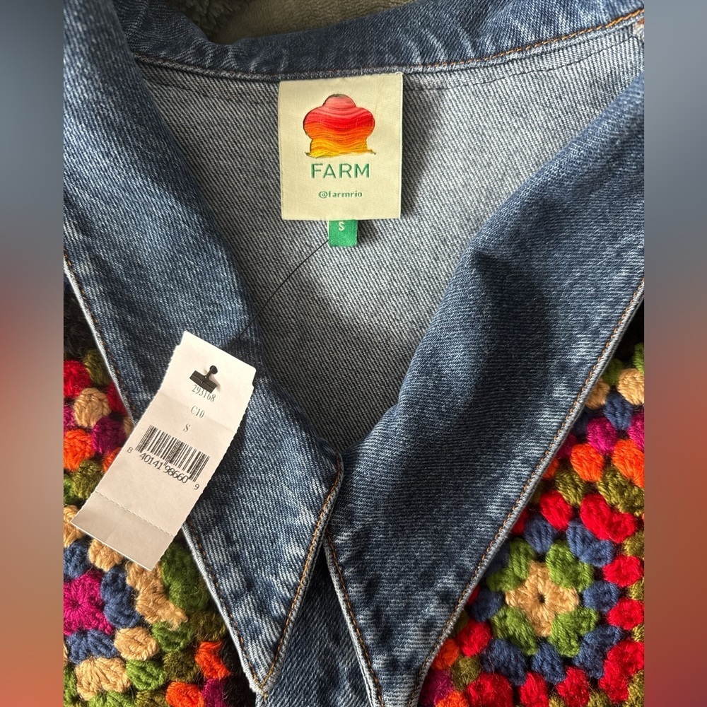FARM Rio Blue Denim Jacket with Multicolor Crochet Panels - Picture 5 of 7